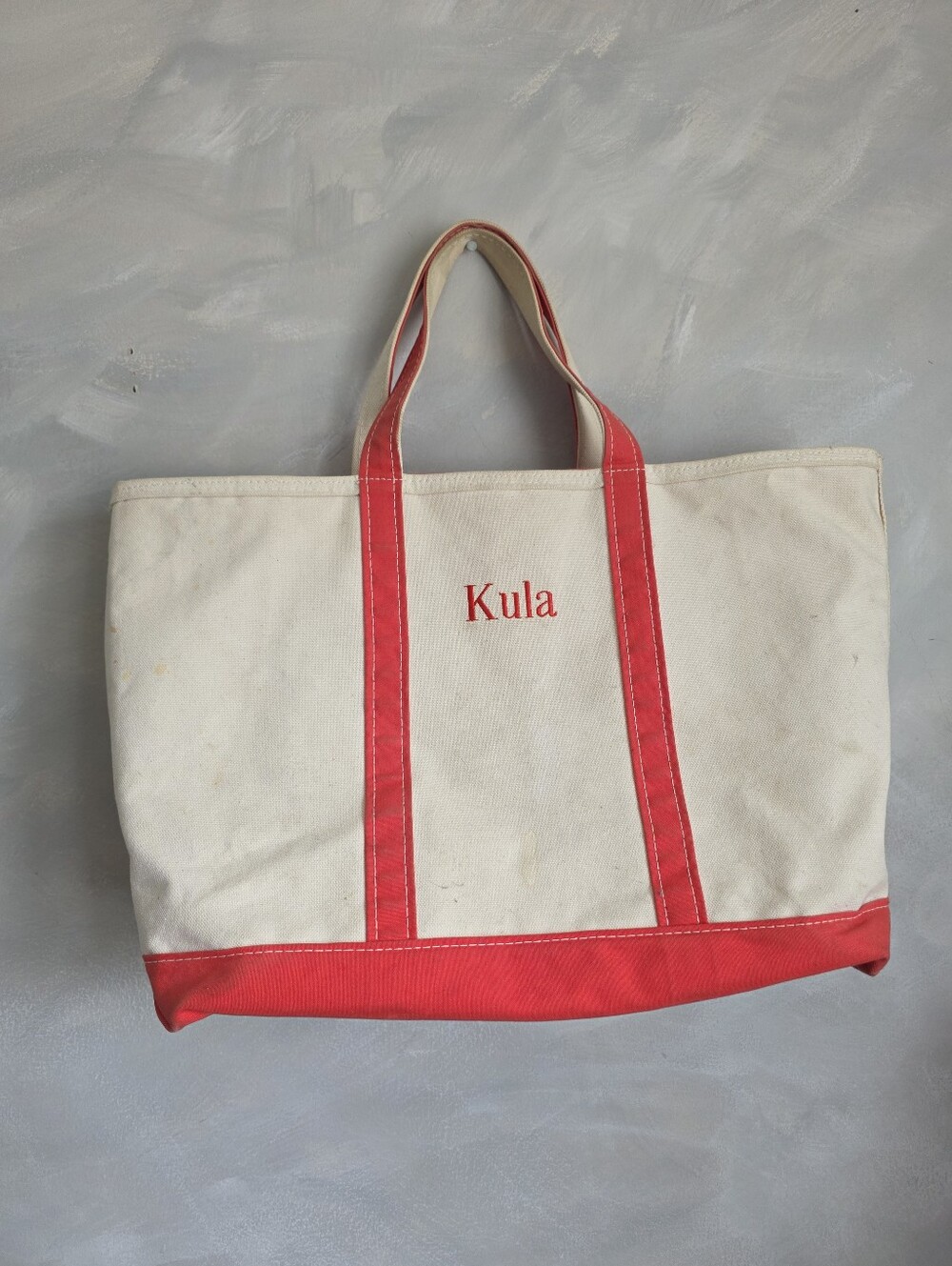 L.L.Bean Boat and Tote Classic Red & Ivory Canvas 21x13x9 Monogram "Kula" XL Vtg